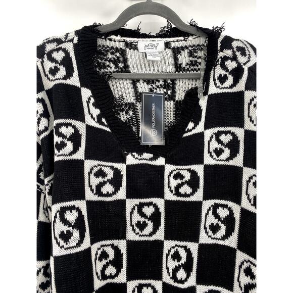 Just Polly Black & White Mini Yin Yang Destructed Sweater Size 2X Juniors - Picture 3 of 9